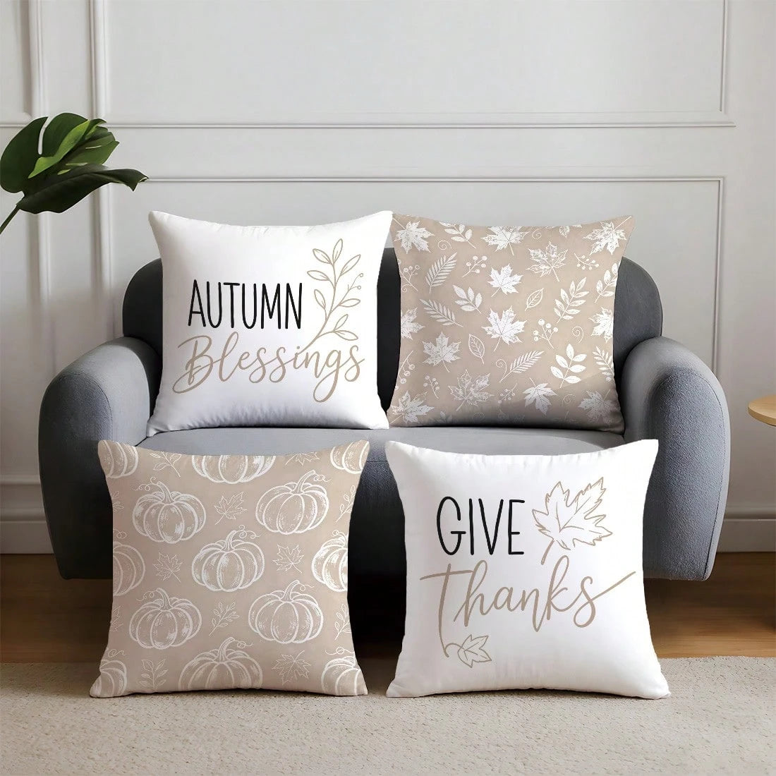 4pcs Milk Tea Color Line Pumpkin Plant Throw Pillow Covers, Single-Sided Printed Skin-Friendly Peach Skin Velvet Material, 45*45CM Cushion Covers Suitable For Home Bedroom Living Room Room Party Decor