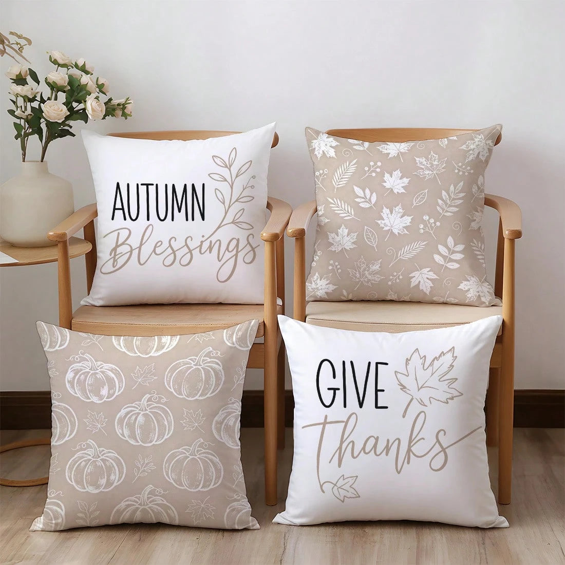 4pcs Milk Tea Color Line Pumpkin Plant Throw Pillow Covers, Single-Sided Printed Skin-Friendly Peach Skin Velvet Material, 45*45CM Cushion Covers Suitable For Home Bedroom Living Room Room Party Decor