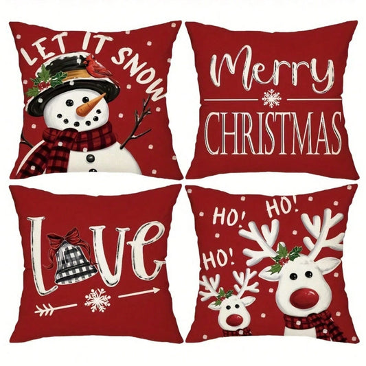 4pcs Red Christmas Throw Pillow Covers, 18x18 Inches- Snowman And Reindeer Pattern With "Let It Snow" And "Merry Christmas" Phrases, Patio, Sofa, Pillow Insert Not Included, Room Decor,Christmas Decr