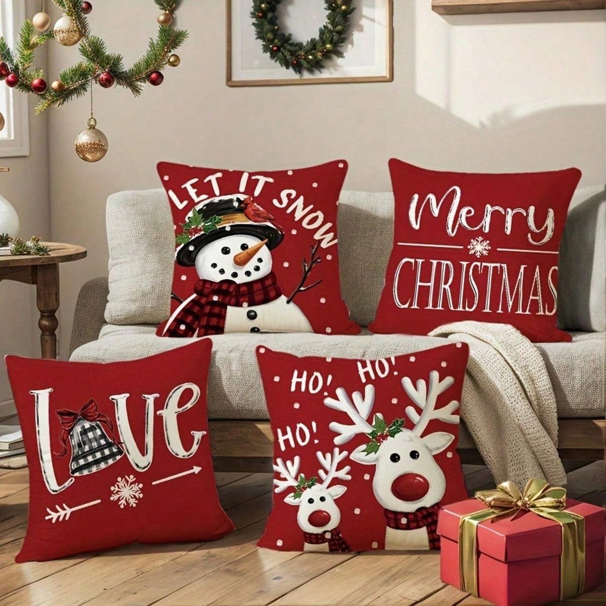 4pcs Red Christmas Throw Pillow Covers, 18x18 Inches- Snowman And Reindeer Pattern With "Let It Snow" And "Merry Christmas" Phrases, Patio, Sofa, Pillow Insert Not Included, Room Decor,Christmas Decr