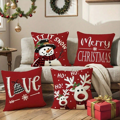 4pcs Red Christmas Throw Pillow Covers, 18x18 Inches- Snowman And Reindeer Pattern With "Let It Snow" And "Merry Christmas" Phrases, Patio, Sofa, Pillow Insert Not Included, Room Decor,Christmas Decr