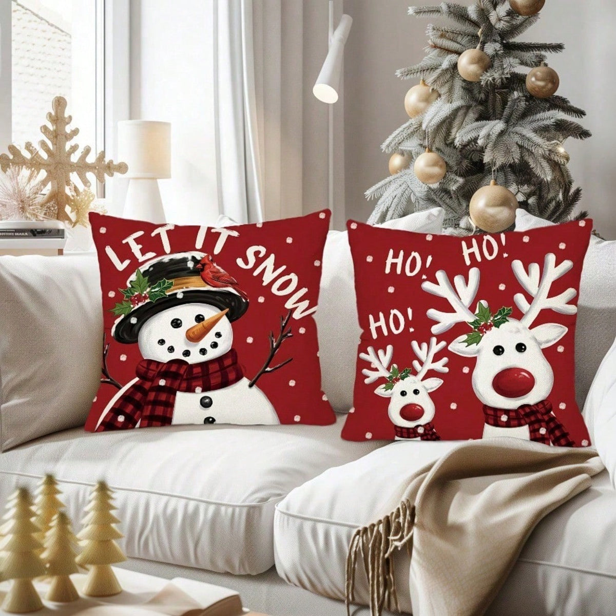 4pcs Red Christmas Throw Pillow Covers, 18x18 Inches- Snowman And Reindeer Pattern With "Let It Snow" And "Merry Christmas" Phrases, Patio, Sofa, Pillow Insert Not Included, Room Decor,Christmas Decr
