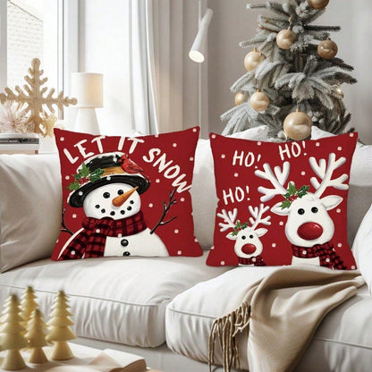 4pcs Red Christmas Throw Pillow Covers, 18x18 Inches- Snowman And Reindeer Pattern With "Let It Snow" And "Merry Christmas" Phrases, Patio, Sofa, Pillow Insert Not Included, Room Decor,Christmas Decr