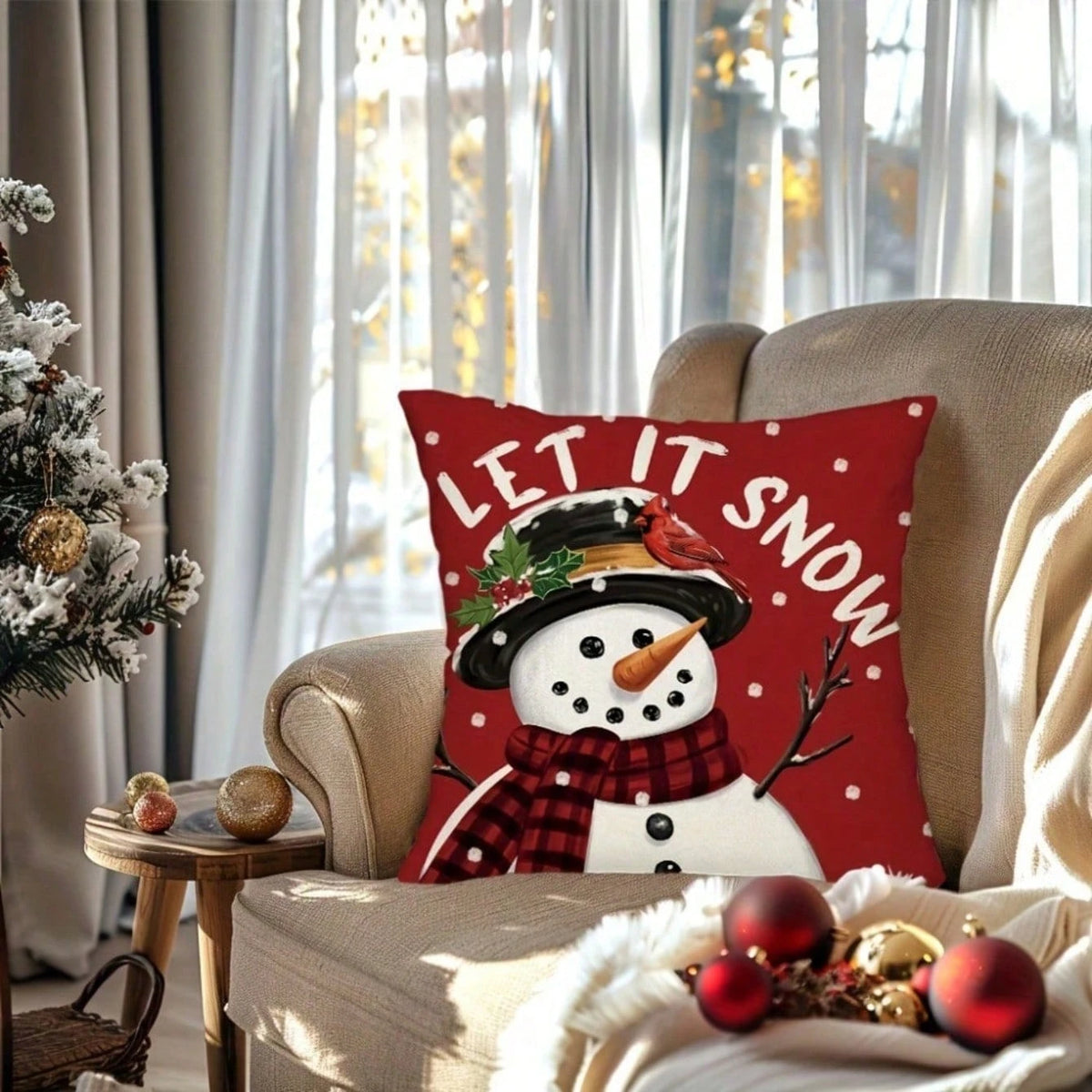 4pcs Red Christmas Throw Pillow Covers, 18x18 Inches- Snowman And Reindeer Pattern With "Let It Snow" And "Merry Christmas" Phrases, Patio, Sofa, Pillow Insert Not Included, Room Decor,Christmas Decr