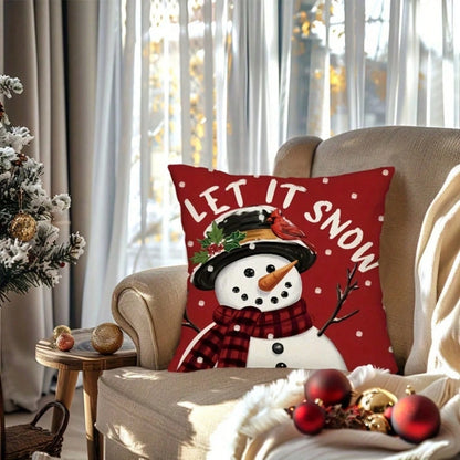 4pcs Red Christmas Throw Pillow Covers, 18x18 Inches- Snowman And Reindeer Pattern With "Let It Snow" And "Merry Christmas" Phrases, Patio, Sofa, Pillow Insert Not Included, Room Decor,Christmas Decr