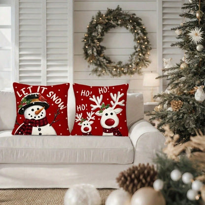 4pcs Red Christmas Throw Pillow Covers, 18x18 Inches- Snowman And Reindeer Pattern With "Let It Snow" And "Merry Christmas" Phrases, Patio, Sofa, Pillow Insert Not Included, Room Decor,Christmas Decr