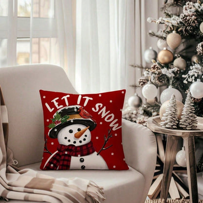 4pcs Red Christmas Throw Pillow Covers, 18x18 Inches- Snowman And Reindeer Pattern With "Let It Snow" And "Merry Christmas" Phrases, Patio, Sofa, Pillow Insert Not Included, Room Decor,Christmas Decr