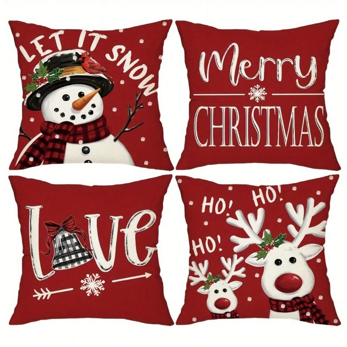 4pcs Red Christmas Throw Pillow Covers, 18x18 Inches- Snowman And Reindeer Pattern With "Let It Snow" And "Merry Christmas" Phrases, Patio, Sofa, Pillow Insert Not Included, Room Decor,Christmas Decr