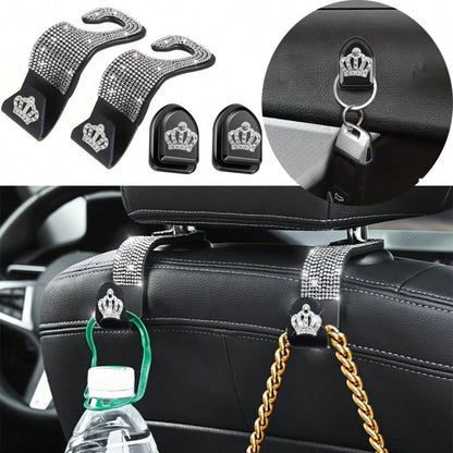 4pcs/Set Shiny Rhinestone Crown- Car Hooks, Includes 2pcs Car Seat Back Storage, Bling Bling Headrest Hooks And 2pcs Mini Adhesive Hooks Creative Premium