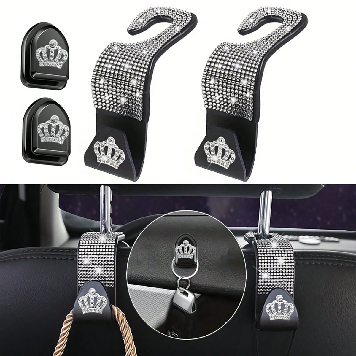 4pcs/Set Shiny Rhinestone Crown- Car Hooks, Includes 2pcs Car Seat Back Storage, Bling Bling Headrest Hooks And 2pcs Mini Adhesive Hooks Creative Premium