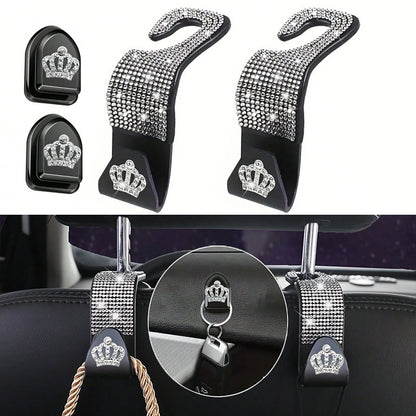 4pcs/Set Shiny Rhinestone Crown- Car Hooks, Includes 2pcs Car Seat Back Storage, Bling Bling Headrest Hooks And 2pcs Mini Adhesive Hooks Creative Premium
