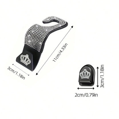 4pcs/Set Shiny Rhinestone Crown- Car Hooks, Includes 2pcs Car Seat Back Storage, Bling Bling Headrest Hooks And 2pcs Mini Adhesive Hooks Creative Premium