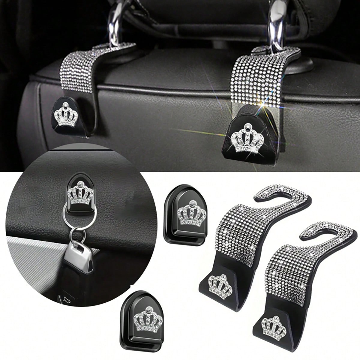 4pcs/Set Shiny Rhinestone Crown- Car Hooks, Includes 2pcs Car Seat Back Storage, Bling Bling Headrest Hooks And 2pcs Mini Adhesive Hooks Creative Premium
