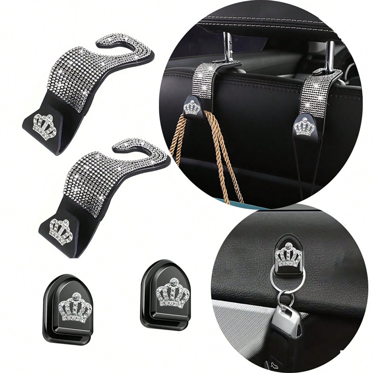4pcs/Set Shiny Rhinestone Crown- Car Hooks, Includes 2pcs Car Seat Back Storage, Bling Bling Headrest Hooks And 2pcs Mini Adhesive Hooks Creative Premium