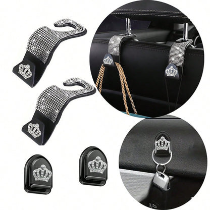 4pcs/Set Shiny Rhinestone Crown- Car Hooks, Includes 2pcs Car Seat Back Storage, Bling Bling Headrest Hooks And 2pcs Mini Adhesive Hooks Creative Premium