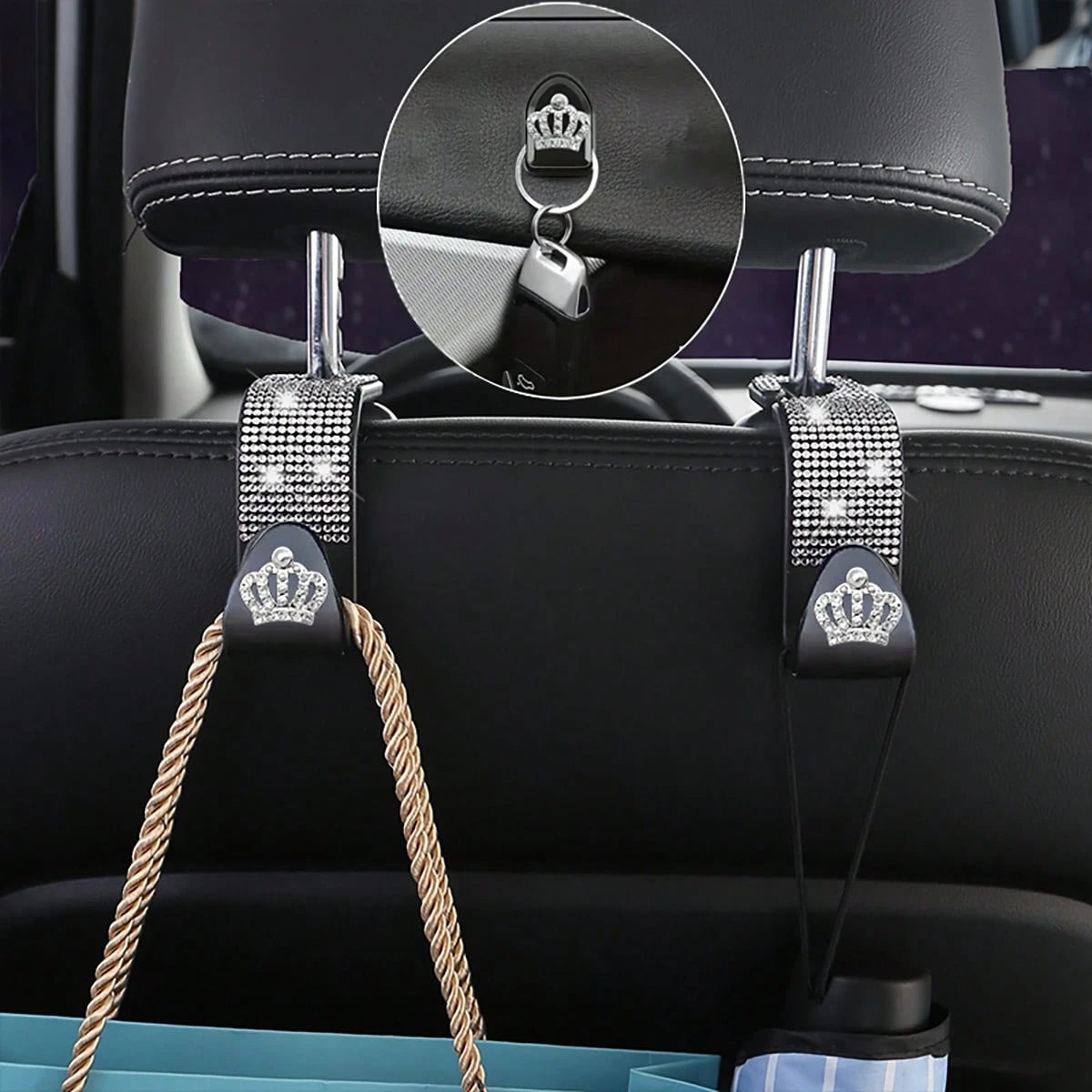 4pcs/Set Shiny Rhinestone Crown- Car Hooks, Includes 2pcs Car Seat Back Storage, Bling Bling Headrest Hooks And 2pcs Mini Adhesive Hooks Creative Premium
