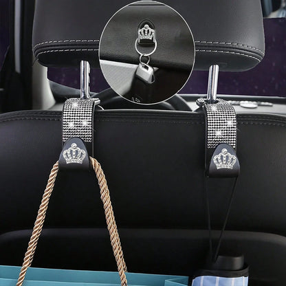 4pcs/Set Shiny Rhinestone Crown- Car Hooks, Includes 2pcs Car Seat Back Storage, Bling Bling Headrest Hooks And 2pcs Mini Adhesive Hooks Creative Premium