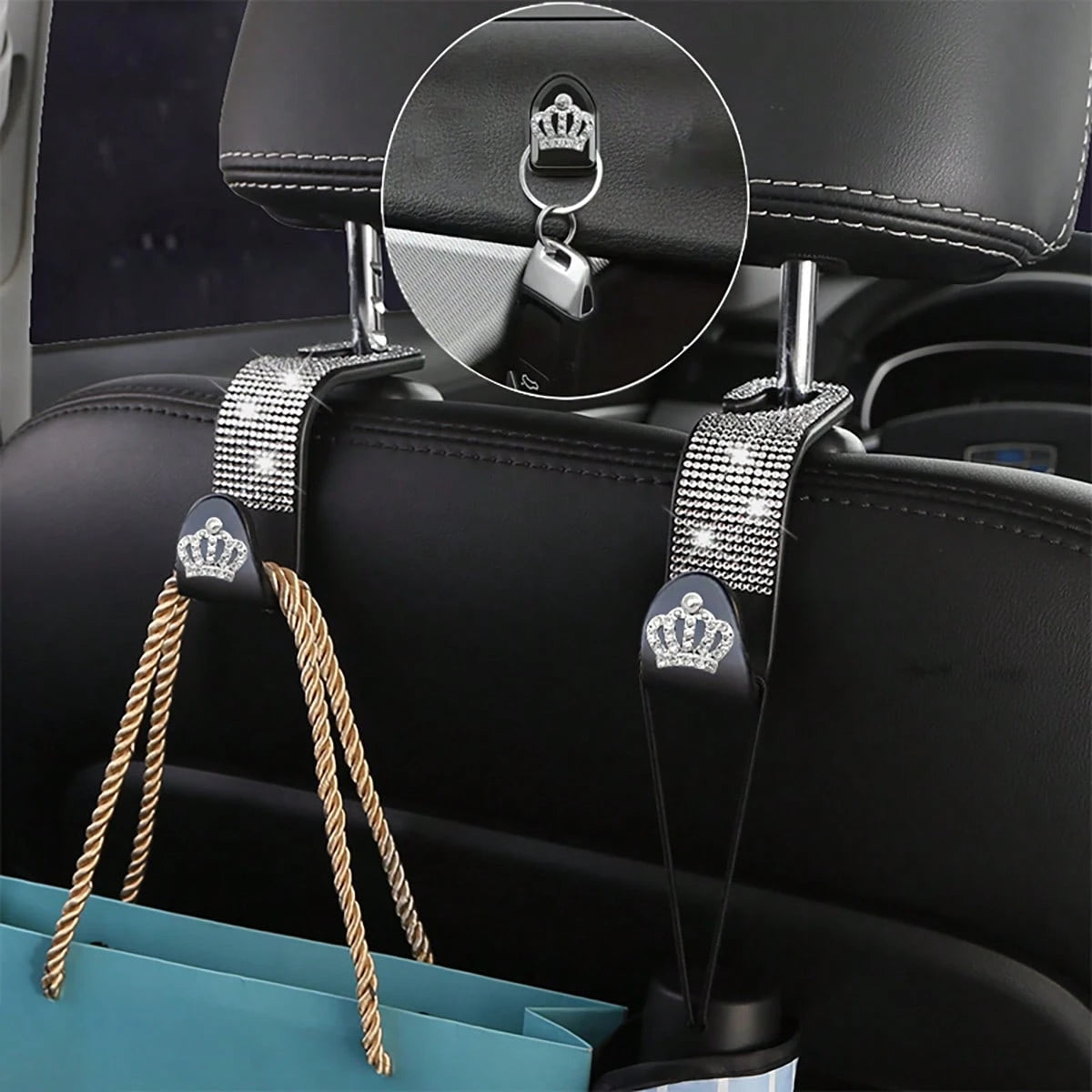 4pcs/Set Shiny Rhinestone Crown- Car Hooks, Includes 2pcs Car Seat Back Storage, Bling Bling Headrest Hooks And 2pcs Mini Adhesive Hooks Creative Premium
