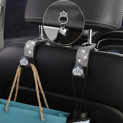 4pcs/Set Shiny Rhinestone Crown- Car Hooks, Includes 2pcs Car Seat Back Storage, Bling Bling Headrest Hooks And 2pcs Mini Adhesive Hooks Creative Premium