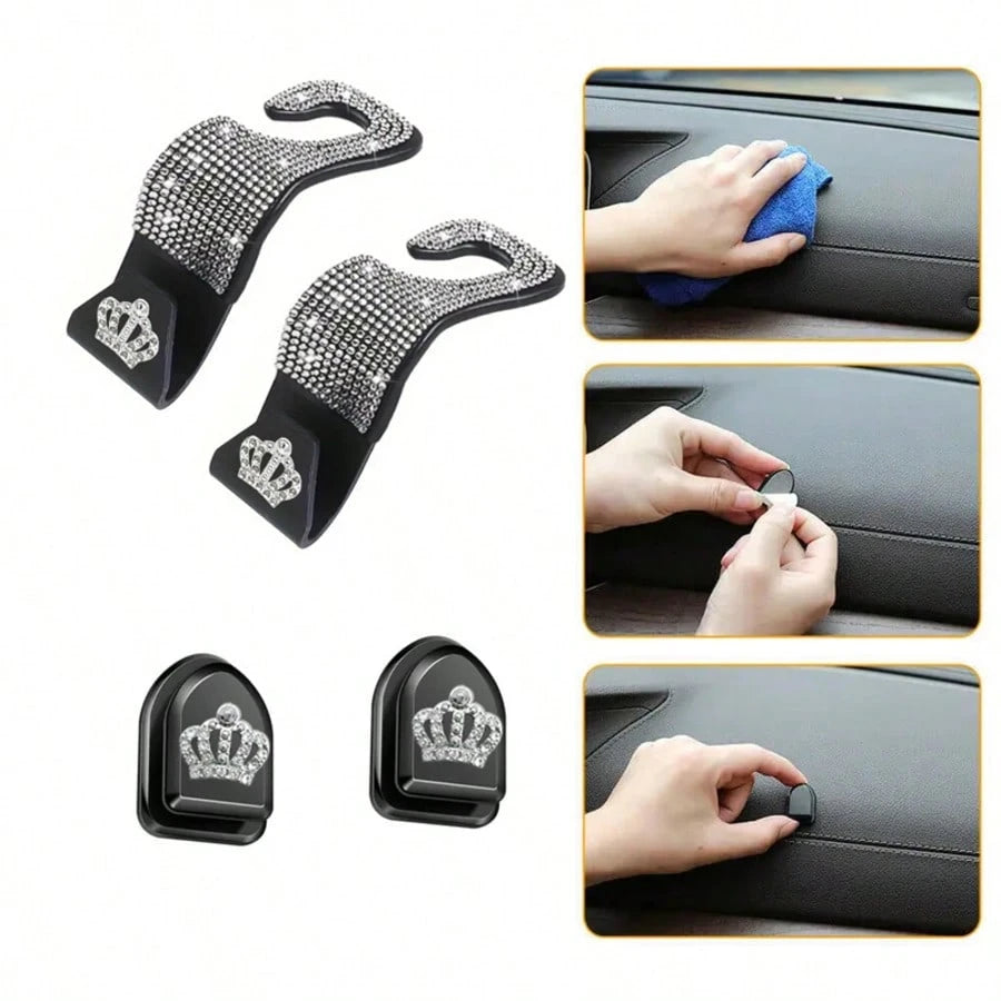 4pcs/Set Shiny Rhinestone Crown- Car Hooks, Includes 2pcs Car Seat Back Storage, Bling Bling Headrest Hooks And 2pcs Mini Adhesive Hooks Creative Premium