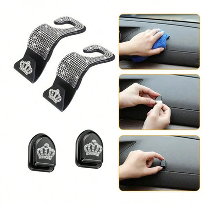 4pcs/Set Shiny Rhinestone Crown- Car Hooks, Includes 2pcs Car Seat Back Storage, Bling Bling Headrest Hooks And 2pcs Mini Adhesive Hooks Creative Premium