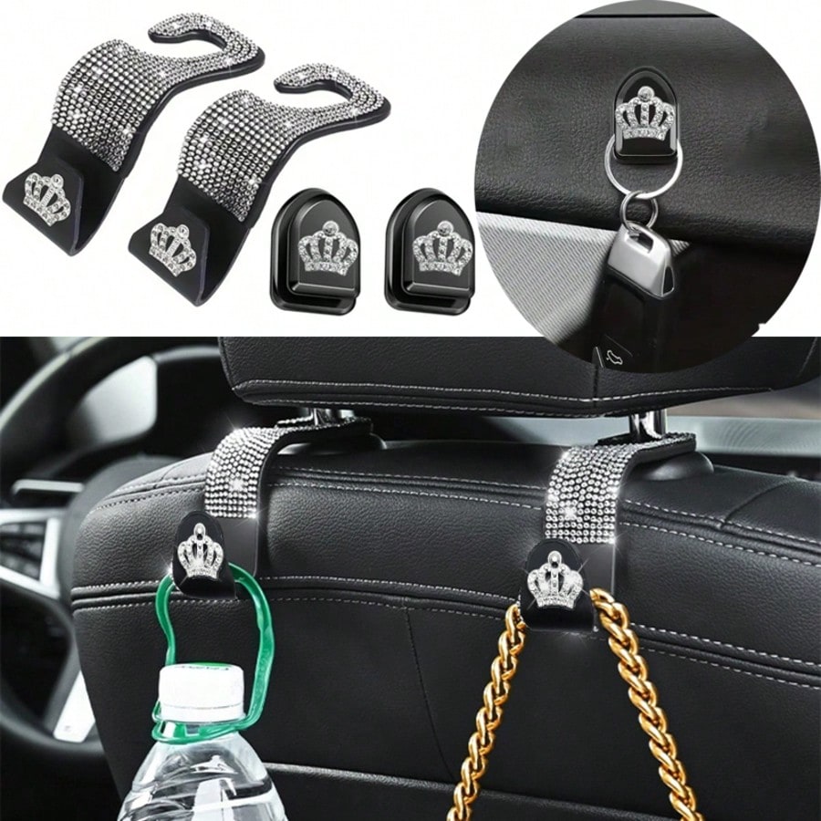 4pcs/Set Shiny Rhinestone Crown- Car Hooks, Includes 2pcs Car Seat Back Storage, Bling Bling Headrest Hooks And 2pcs Mini Adhesive Hooks Creative Premium