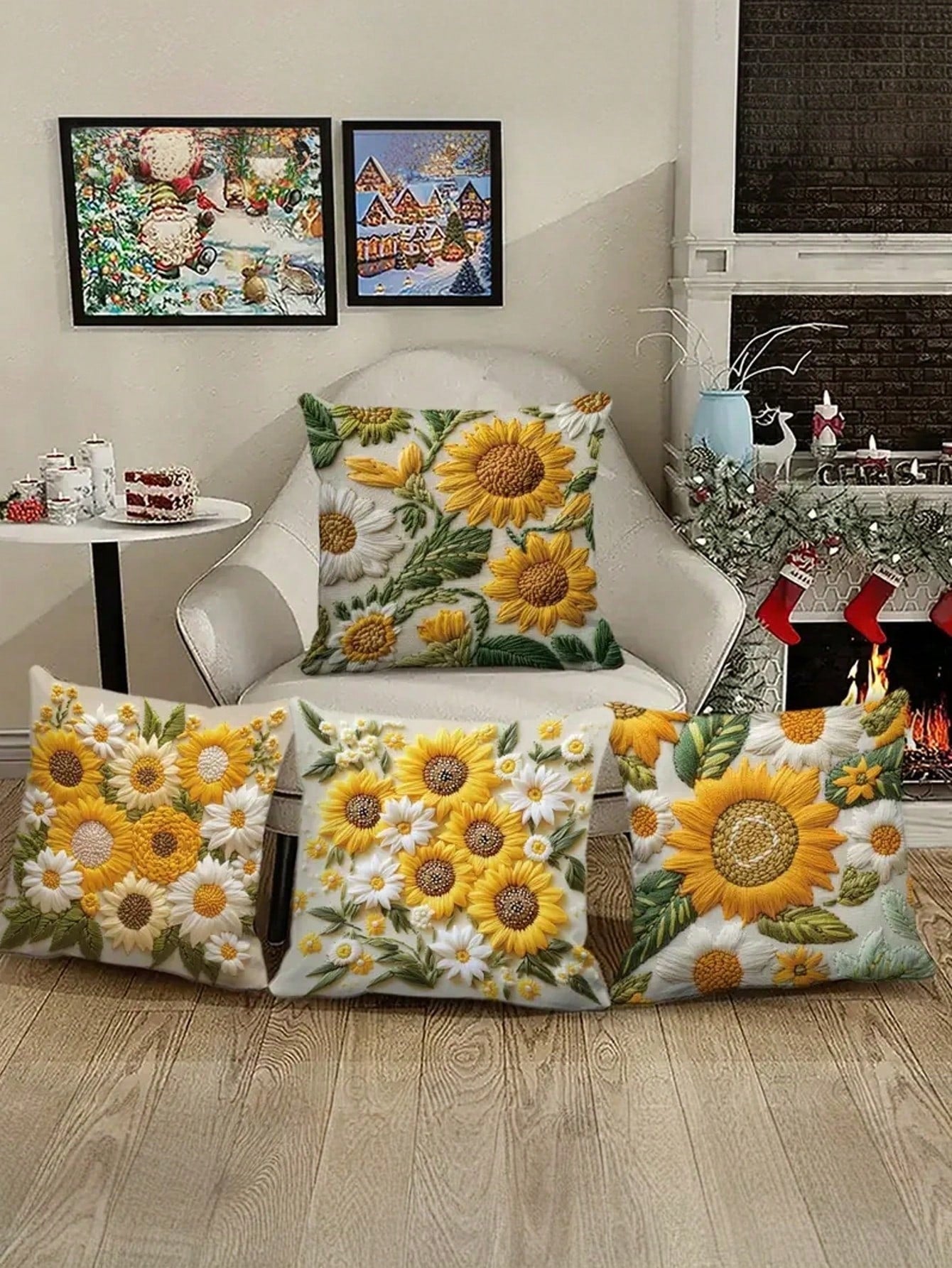 4pcs/Set Vintage Sunflower Pattern Throw Pillow Covers, 2D Flat Printing Polyester Fabric, Washable Zipper Design, Woven Floral Pattern, Pillow Inserts Not Included, Suitable For Home Decor, Living Ro