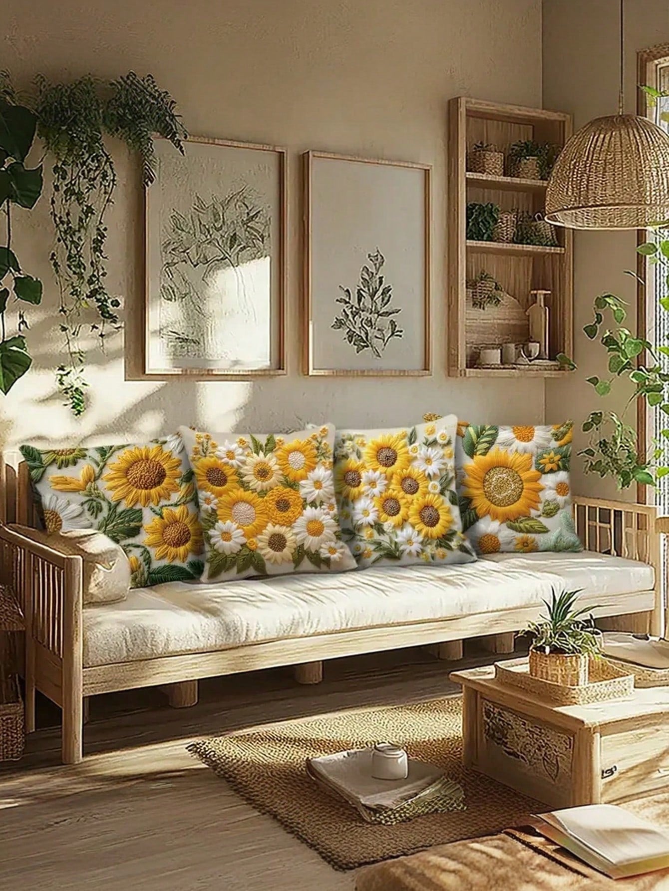 4pcs/Set Vintage Sunflower Pattern Throw Pillow Covers, 2D Flat Printing Polyester Fabric, Washable Zipper Design, Woven Floral Pattern, Pillow Inserts Not Included, Suitable For Home Decor, Living Ro