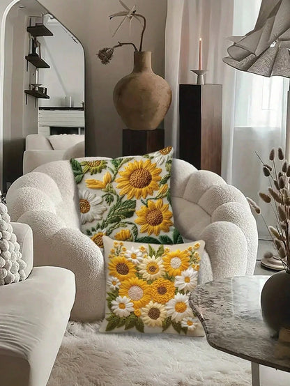 4pcs/Set Vintage Sunflower Pattern Throw Pillow Covers, 2D Flat Printing Polyester Fabric, Washable Zipper Design, Woven Floral Pattern, Pillow Inserts Not Included, Suitable For Home Decor, Living Ro
