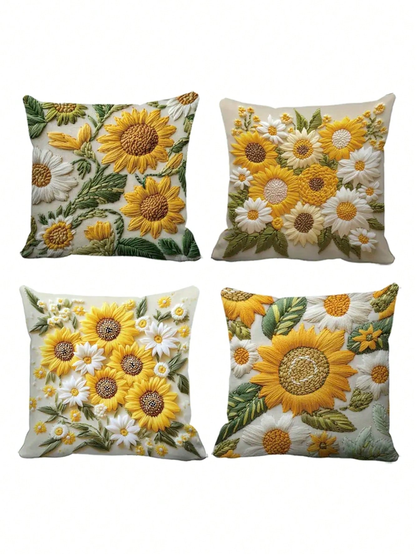 4pcs/Set Vintage Sunflower Pattern Throw Pillow Covers, 2D Flat Printing Polyester Fabric, Washable Zipper Design, Woven Floral Pattern, Pillow Inserts Not Included, Suitable For Home Decor, Living Ro