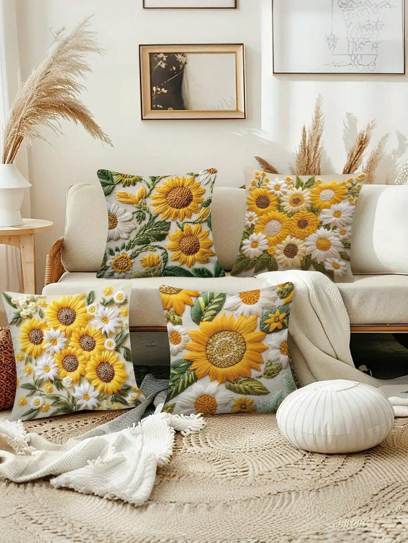 4pcs/Set Vintage Sunflower Pattern Throw Pillow Covers, 2D Flat Printing Polyester Fabric, Washable Zipper Design, Woven Floral Pattern, Pillow Inserts Not Included, Suitable For Home Decor, Living Ro
