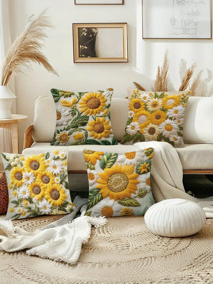 4pcs/Set Vintage Sunflower Pattern Throw Pillow Covers, 2D Flat Printing Polyester Fabric, Washable Zipper Design, Woven Floral Pattern, Pillow Inserts Not Included, Suitable For Home Decor, Living Ro