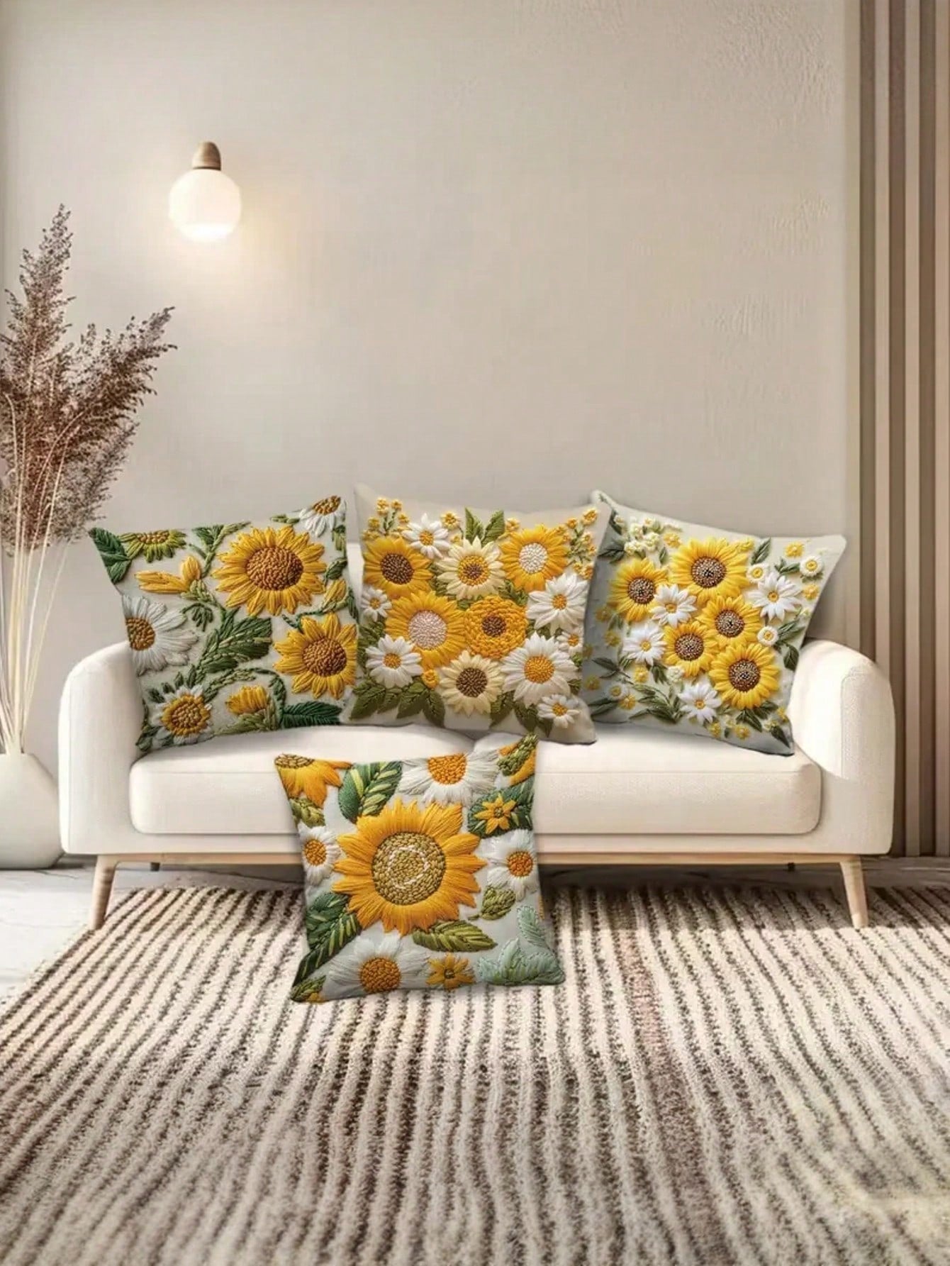4pcs/Set Vintage Sunflower Pattern Throw Pillow Covers, 2D Flat Printing Polyester Fabric, Washable Zipper Design, Woven Floral Pattern, Pillow Inserts Not Included, Suitable For Home Decor, Living Ro