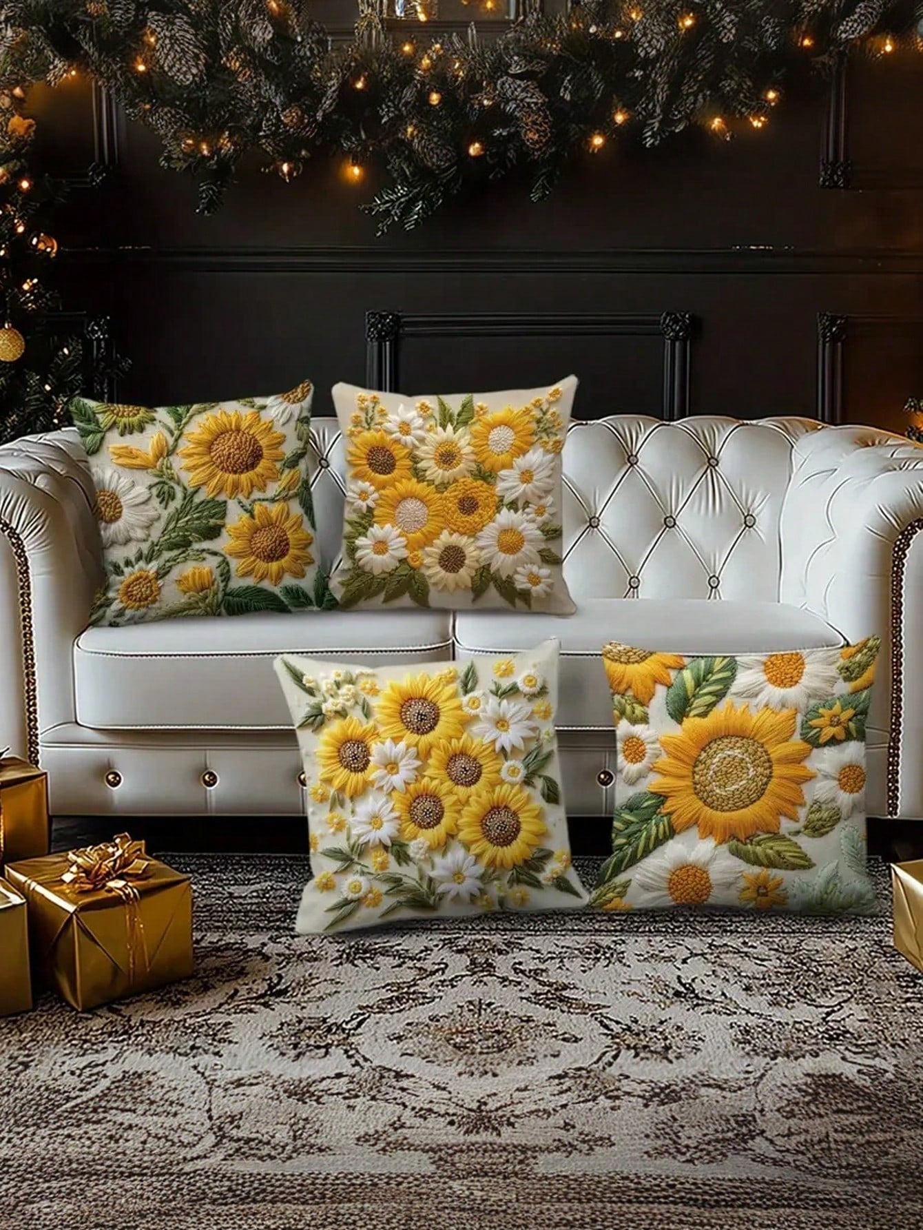 4pcs/Set Vintage Sunflower Pattern Throw Pillow Covers, 2D Flat Printing Polyester Fabric, Washable Zipper Design, Woven Floral Pattern, Pillow Inserts Not Included, Suitable For Home Decor, Living Ro