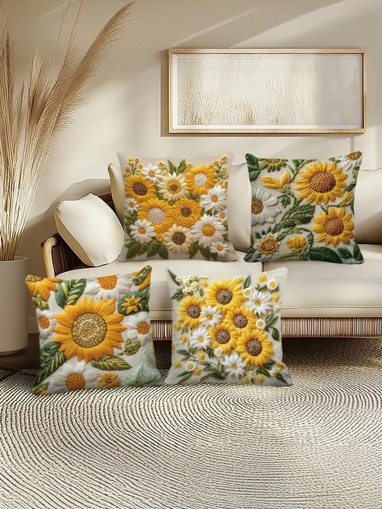 4pcs/Set Vintage Sunflower Pattern Throw Pillow Covers, 2D Flat Printing Polyester Fabric, Washable Zipper Design, Woven Floral Pattern, Pillow Inserts Not Included, Suitable For Home Decor, Living Ro