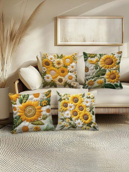 4pcs/Set Vintage Sunflower Pattern Throw Pillow Covers, 2D Flat Printing Polyester Fabric, Washable Zipper Design, Woven Floral Pattern, Pillow Inserts Not Included, Suitable For Home Decor, Living Ro