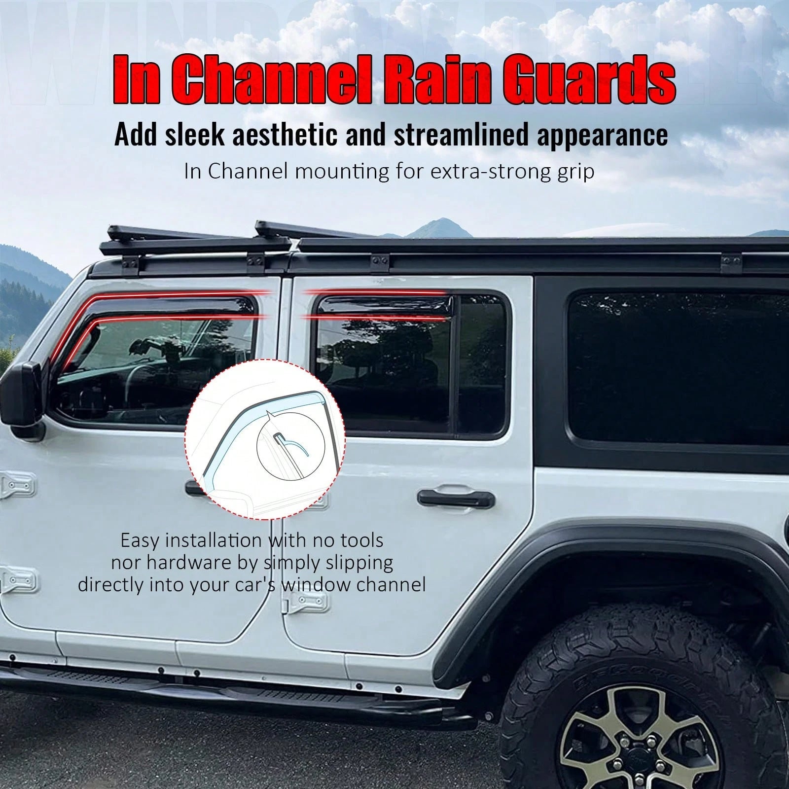 4PCS Slim Style In Channel Window Visors Compatible With Jeep Wranglers' JL Unlimited Gladiator 2018-2026 Acrylic Smoke Rain Guards Car Accessories