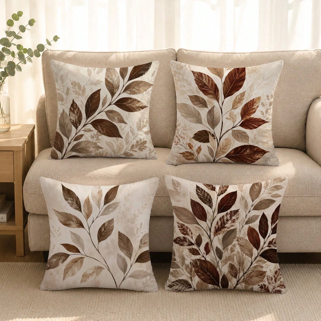 4pcs Vintage Daily Brown Plant Leaf Cushion Covers, Single-Sided Printed Skin-Friendly Peach Skin Velvet Material, 45*45CM Pillowcases Suitable For Room Decor, Indoor Sofa Living Room Decor, Party Dec
