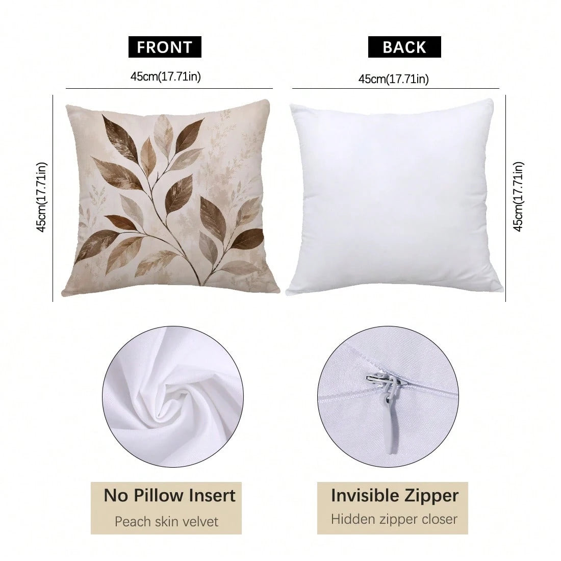 4pcs Vintage Daily Brown Plant Leaf Cushion Covers, Single-Sided Printed Skin-Friendly Peach Skin Velvet Material, 45*45CM Pillowcases Suitable For Room Decor, Indoor Sofa Living Room Decor, Party Dec