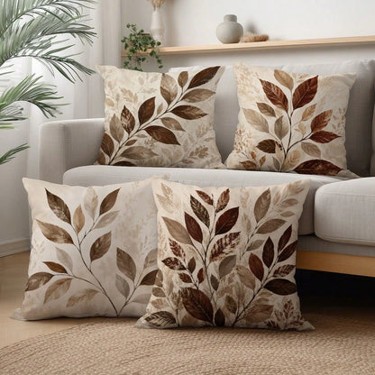 4pcs Vintage Daily Brown Plant Leaf Cushion Covers, Single-Sided Printed Skin-Friendly Peach Skin Velvet Material, 45*45CM Pillowcases Suitable For Room Decor, Indoor Sofa Living Room Decor, Party Dec