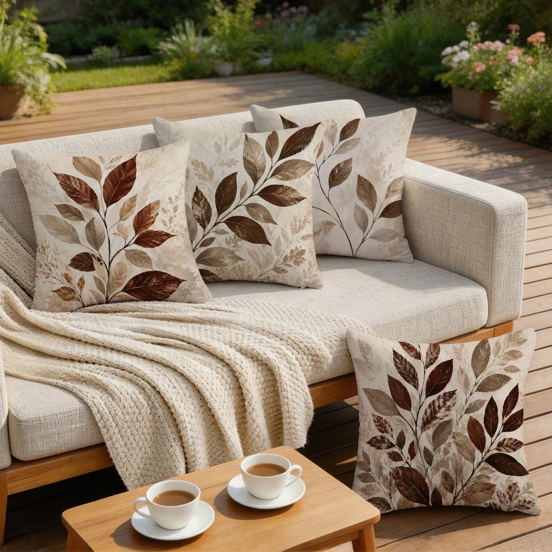 4pcs Vintage Daily Brown Plant Leaf Cushion Covers, Single-Sided Printed Skin-Friendly Peach Skin Velvet Material, 45*45CM Pillowcases Suitable For Room Decor, Indoor Sofa Living Room Decor, Party Dec