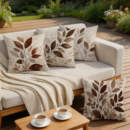 4pcs Vintage Daily Brown Plant Leaf Cushion Covers, Single-Sided Printed Skin-Friendly Peach Skin Velvet Material, 45*45CM Pillowcases Suitable For Room Decor, Indoor Sofa Living Room Decor, Party Dec