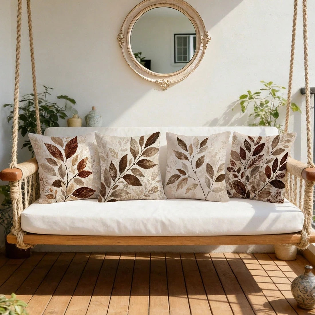 4pcs Vintage Daily Brown Plant Leaf Cushion Covers, Single-Sided Printed Skin-Friendly Peach Skin Velvet Material, 45*45CM Pillowcases Suitable For Room Decor, Indoor Sofa Living Room Decor, Party Dec