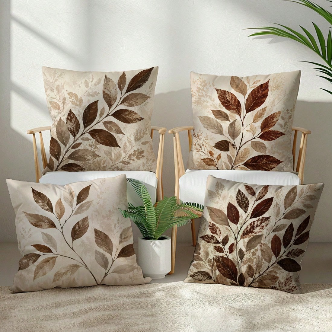 4pcs Vintage Daily Brown Plant Leaf Cushion Covers, Single-Sided Printed Skin-Friendly Peach Skin Velvet Material, 45*45CM Pillowcases Suitable For Room Decor, Indoor Sofa Living Room Decor, Party Dec