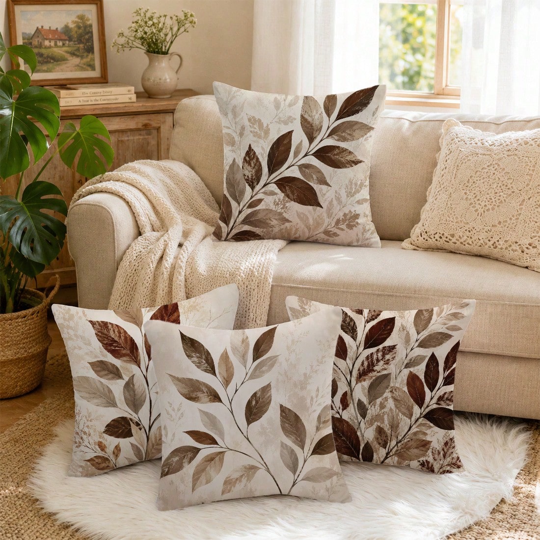 4pcs Vintage Daily Brown Plant Leaf Cushion Covers, Single-Sided Printed Skin-Friendly Peach Skin Velvet Material, 45*45CM Pillowcases Suitable For Room Decor, Indoor Sofa Living Room Decor, Party Dec