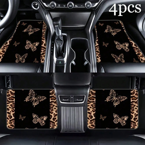 4pcs2D Flat Leopard Print Car Floor Mat, Full Coverage Design, All-Weather Protection, Suitable For SUV Small Car Interior Floor Mat