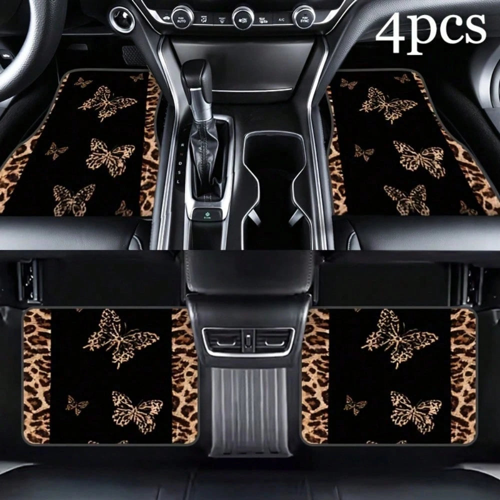 4pcs2D Flat Leopard Print Car Floor Mat, Full Coverage Design, All-Weather Protection, Suitable For SUV Small Car Interior Floor Mat