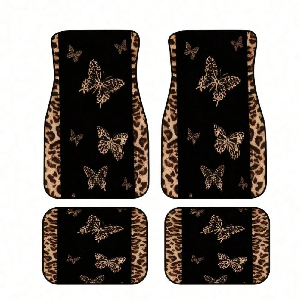 4pcs2D Flat Leopard Print Car Floor Mat, Full Coverage Design, All-Weather Protection, Suitable For SUV Small Car Interior Floor Mat