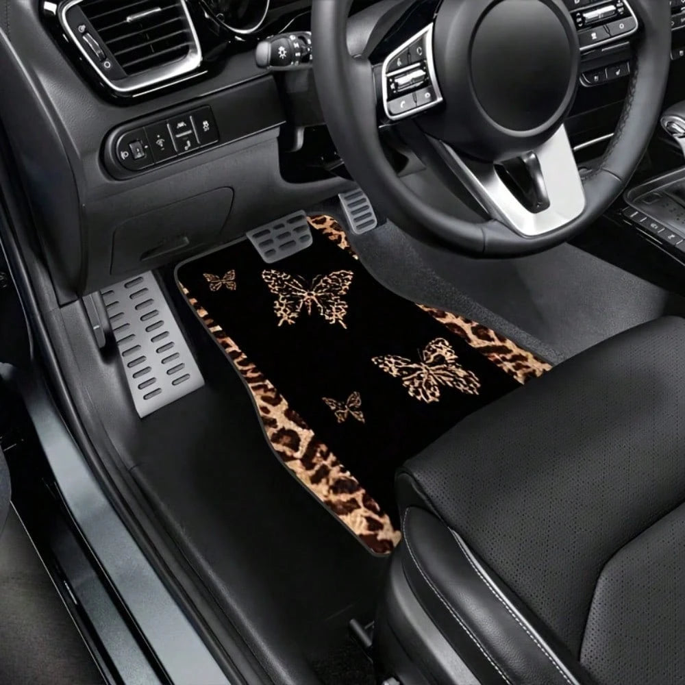 4pcs2D Flat Leopard Print Car Floor Mat, Full Coverage Design, All-Weather Protection, Suitable For SUV Small Car Interior Floor Mat