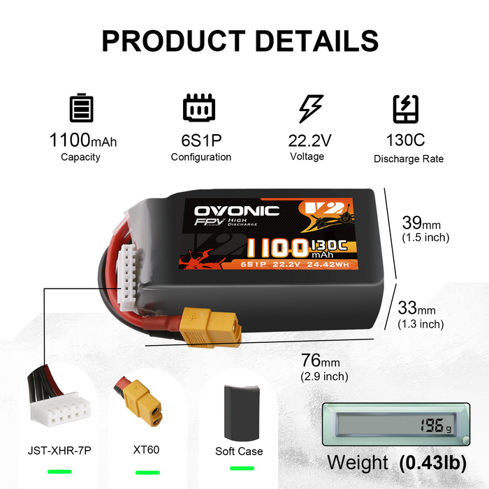 4x Ovonic 130C 6S 1100mah Lipo Battery 22.2V Pack with XT60 Plug for FPV Racing Drone Freestyle 5-6 inche Drone Long Range FPV Drone